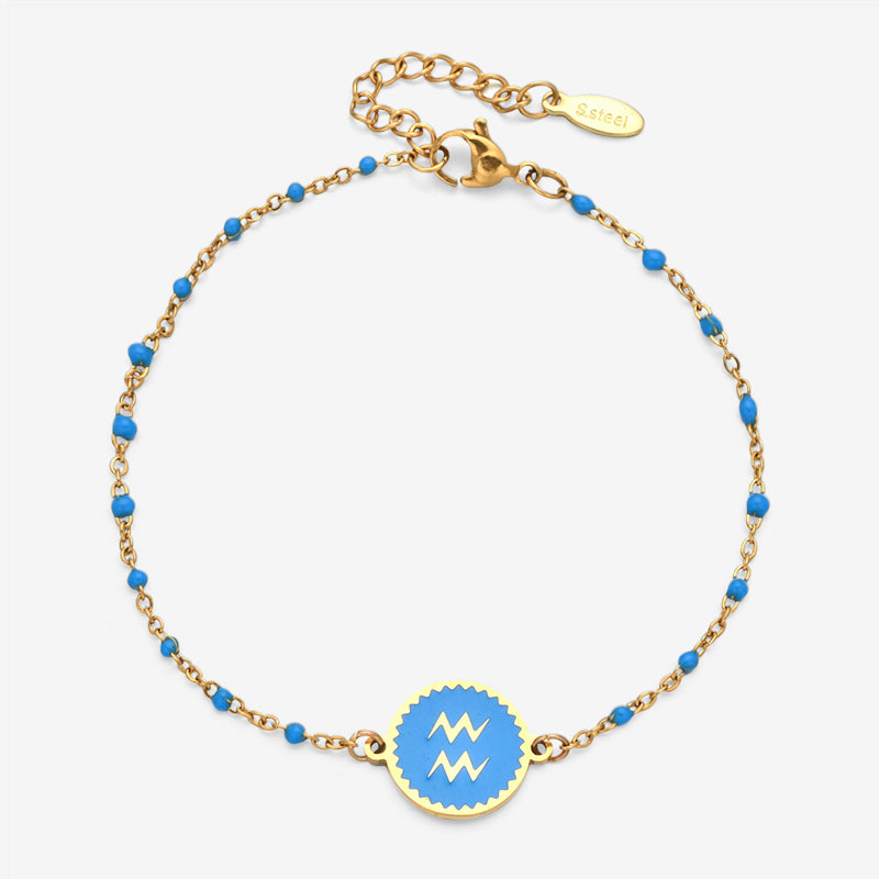 PULSERA ZODIACO AJUSTABLE ACERO INOXIDABLE BAÑADO EN ORO 18K "ACUARIO"