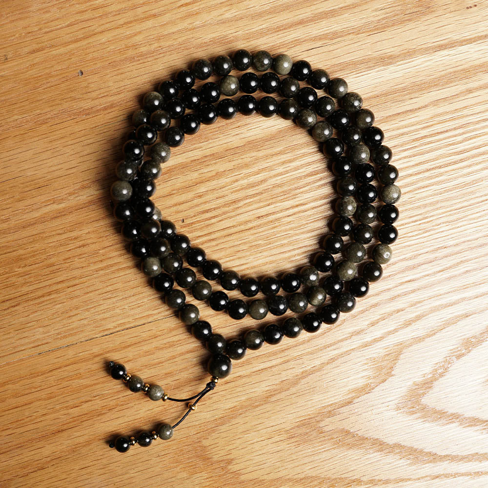 JAPA MALA 108 CUENTAS OBSIDIANA DORADA DETALLE DORADO