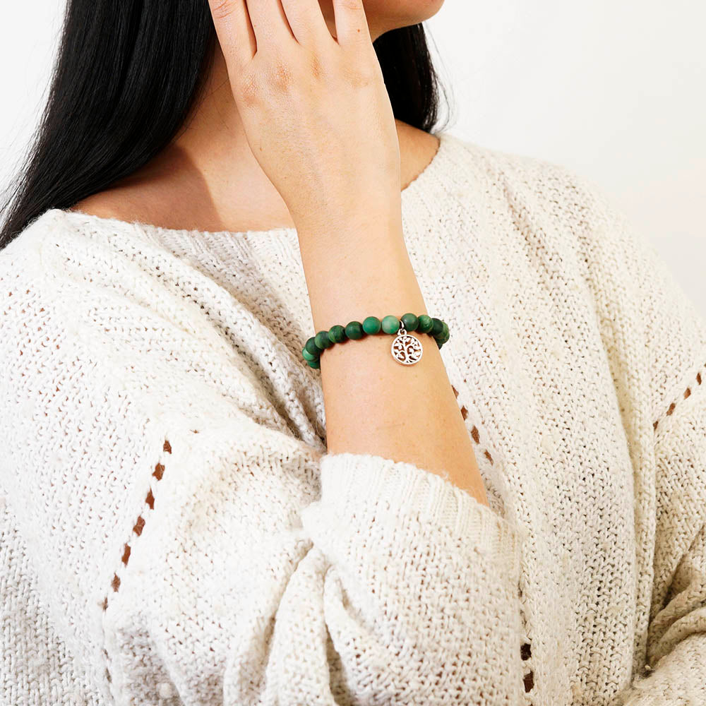 PULSERA ELÁSTICA JADE AFRICANO MATE (8 MM) + DETALLE DE PLATA 925 Y ZINC