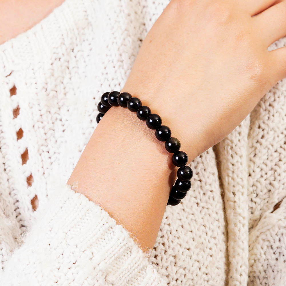 PULSERA ELÁSTICA OBSIDIANA DORADA (8 MM)