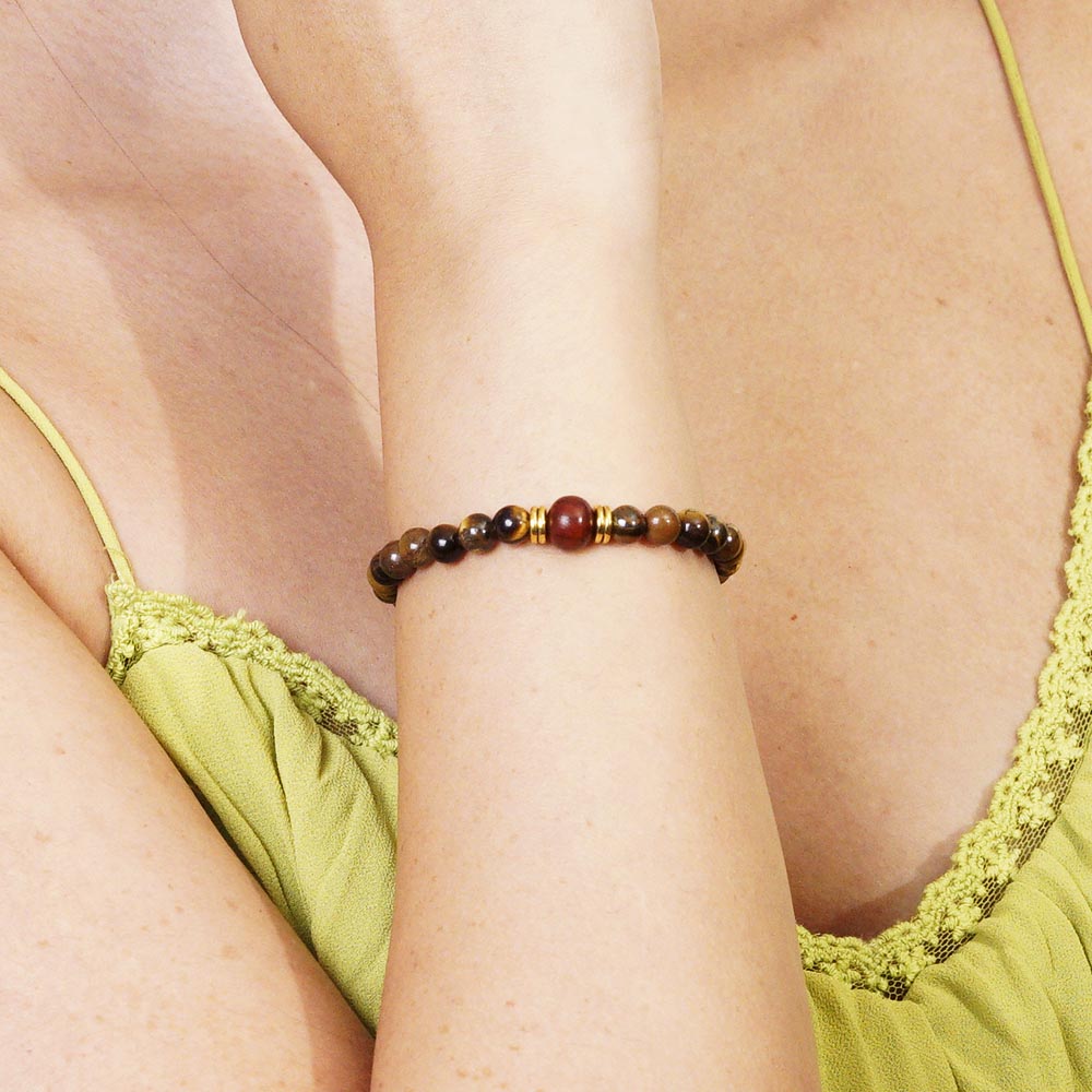 PULSERA ELÁSTICA OJO DE TIGRE Y PALO DE ROSA (6 MM)