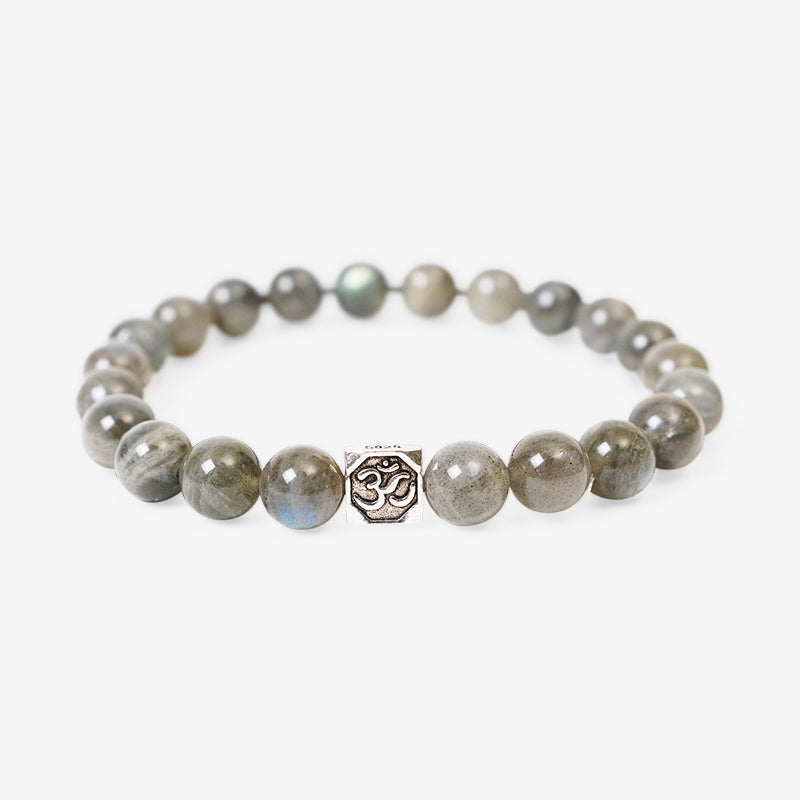 PULSERA ELÁSTICA LABRADORITA (8 MM) + OM PLATA 925