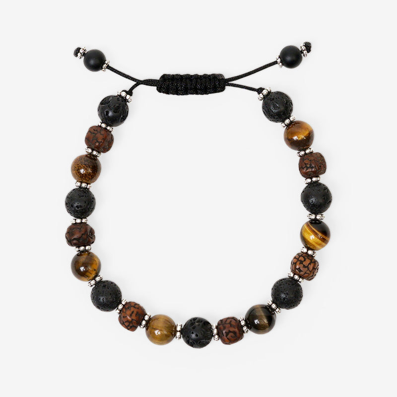 PULSERA AJUSTABLE OJO DE TIGRE, SEMILLA DE RUDRAKSHA Y PIEDRA VOLCÁNICA (8 MM)