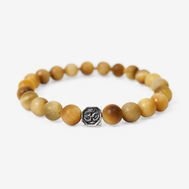PULSERA ELÁSTICA OJO DE TIGRE DORADO MATE (8 MM) + OM PLATA 925