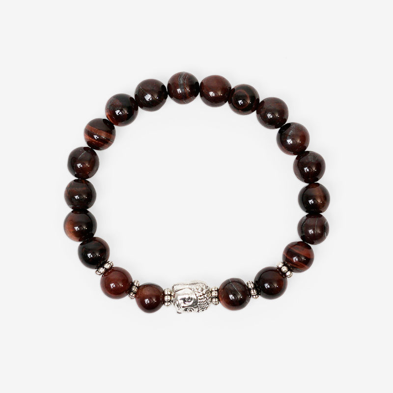 PULSERA ELÁSTICA OJO DE TIGRE ROJO (8MM) + DETALLE ZINC