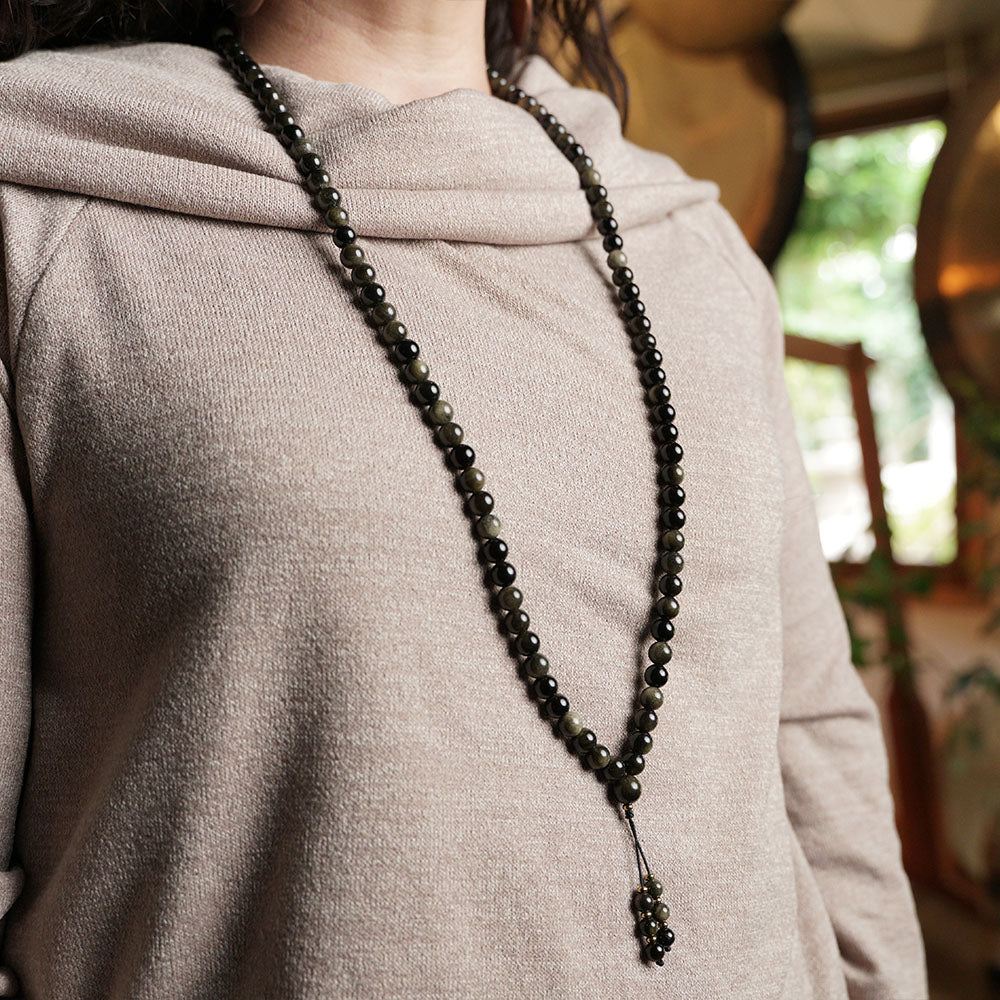 JAPA MALA 108 CUENTAS OBSIDIANA DORADA DETALLE DORADO