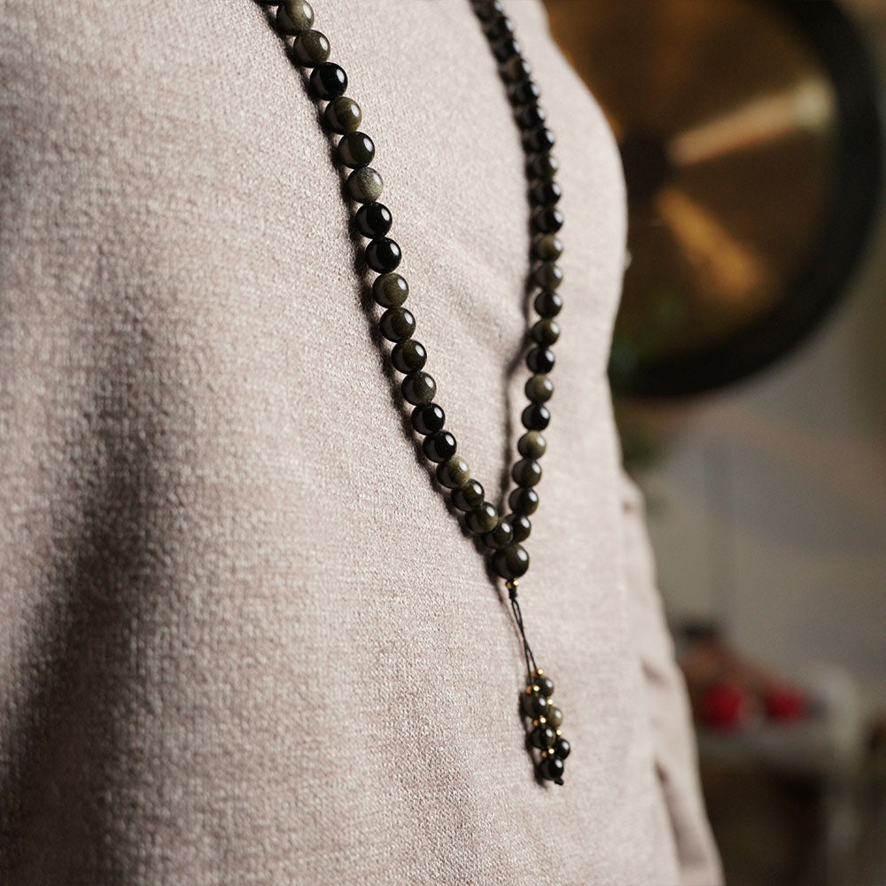 JAPA MALA 108 CUENTAS OBSIDIANA DORADA DETALLE DORADO