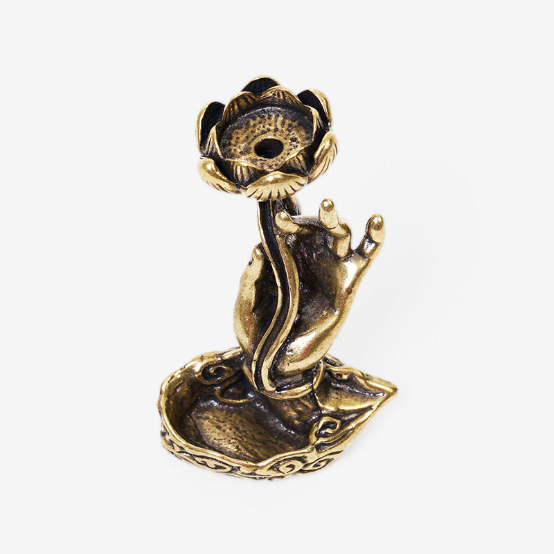 PORTA INCIENSO BRONCE MANO CON FLOR DE LOTO